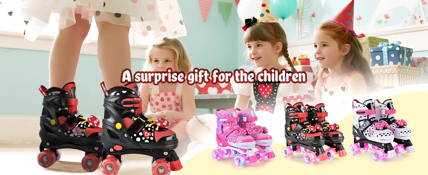 SULIFEEL Roller Skates for Girls Ages 3-12, 4 Sizes Adjustable Kids Quad Skates with Light up Wheels-Birthday Gift for Indoor Outdoor Sports
