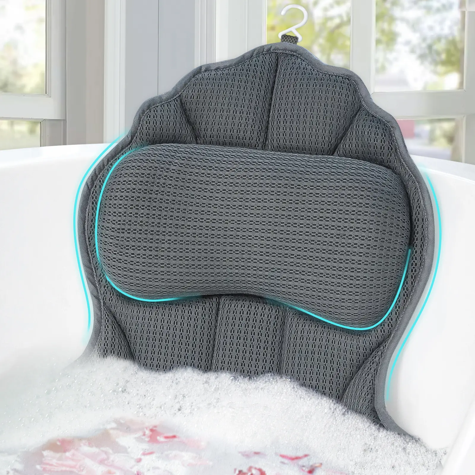 4D Air Net Ergonomic Bath Pillow, Bathroom Accessories with 6 Suction Cups, Machine Washable with Laundry Bag, Ideal Father's Day Gift for Leisure Bathing