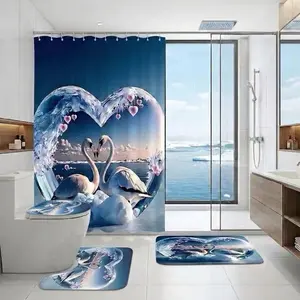 4Pcs Shower Curtain Set Heart Wave, Swan Couple, Pink Hearts, Bathroom Sets with Rugs Christmas Halloween Thanksgiving, Bathroom Decor Romantic White Swans In Heart Shaped Wave With Floating Pink Hearts