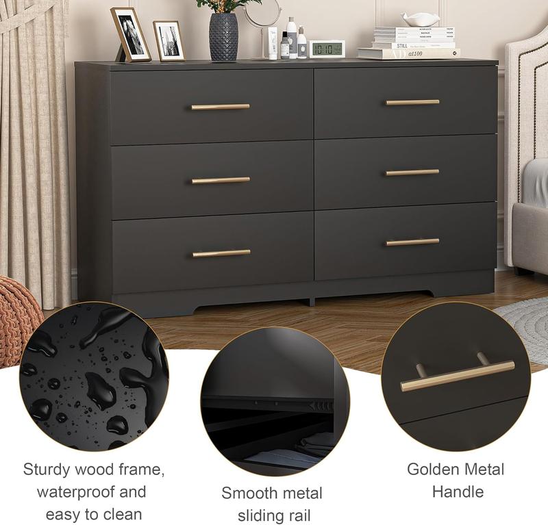 6 Drawer Dresser with Gold Handles for Bedroom, Modern Wide Chest of Drawers with Sturdy Frame for Living Room, TV Stand with Drawers Storage Cabinet Furniture for Closet Beside Living Room,Black Aesthetic Interior