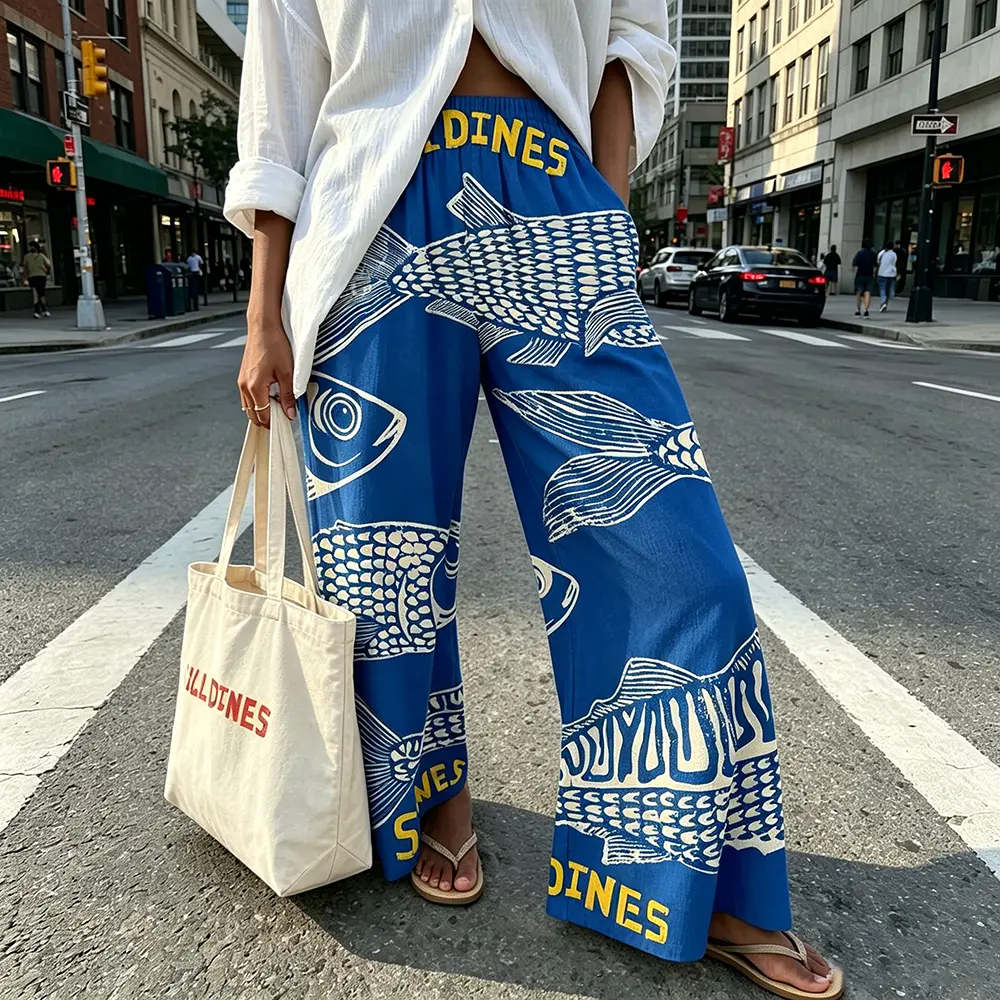 New launching 30% linen and 70% rayon. Sardine Pants ,Ukiyoe Style ,Sardine wide leg Print Pants, Elastic Waistband, Comfortable Holiday Wear,back to school shopping