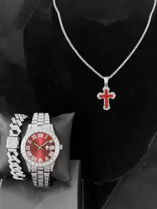 4-piece men's watch and jewelry set, including Cuban chain necklace bracelet, fashionable gift, suitable for men and women to give during Christmas holidays