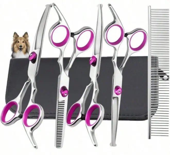 5 in 1 Premium Dog Grooming Scissors, Professional Dog Scissors for Grooming with Safety Round Tips, Lengnoyp Stainless Steel Thinning Shears, Pet Cat Shears for Grooming Kit, Pink