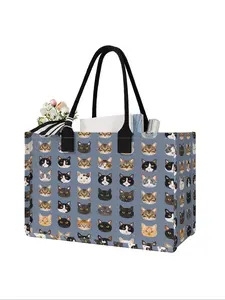 Large Capacity Cat Print Storage Bag, Fashionable Shopping Bag, Durable Handles, Space-Saving Multi-Purpose Organizer for School Travel Shopping