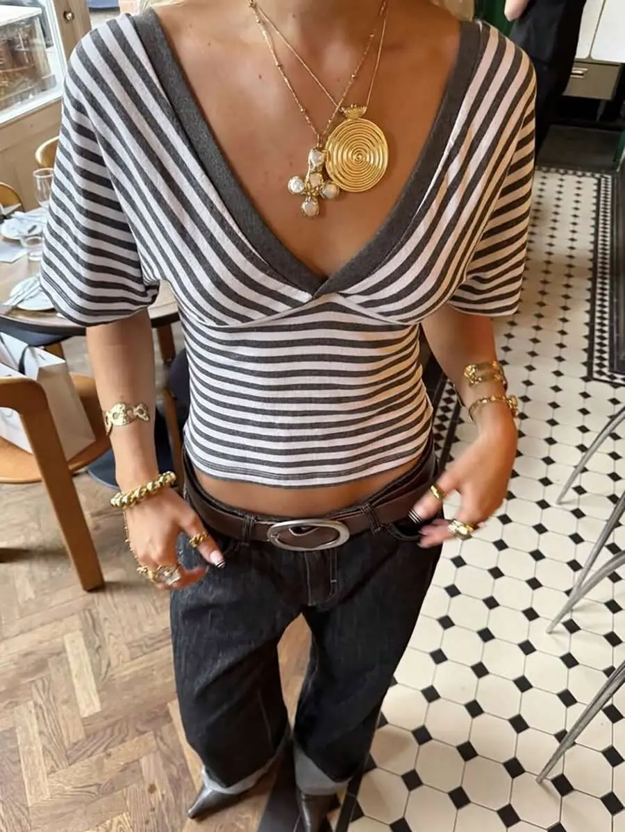 Women's V-Neck Loose Striped Short Sleeve T-Shirt, Suitable For Outings And Daily Wear, Spring/Summer,Summer Top