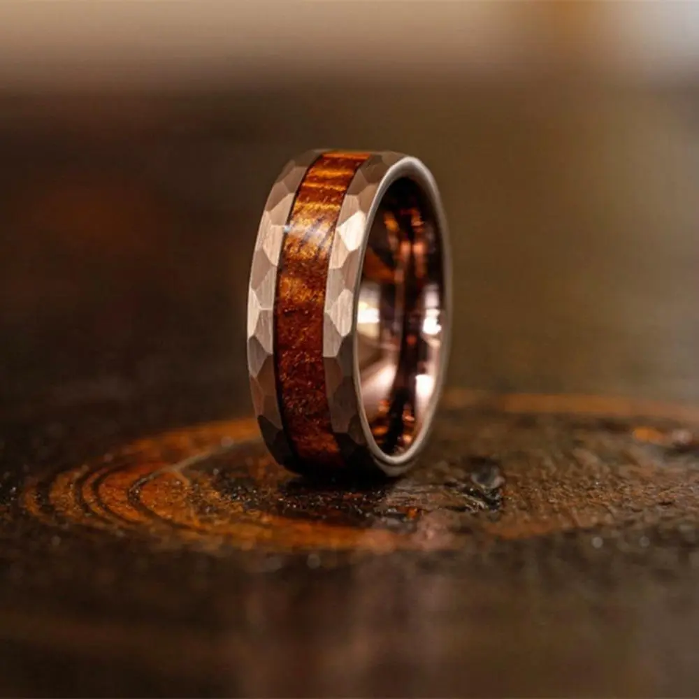 Luxury 8MM Koa Wood Inlay Stainless Steel Rings Bevel Edge Men's Steel Jewelry Polished Wedding Engagement Band Ring