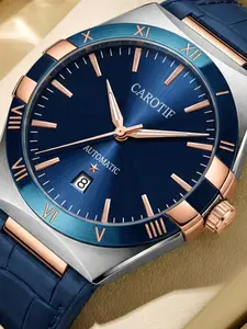 Business Automatic Mechanical Watch Blue Dial Crocodile Leather Strap, Luxury Elegant Wristwatch for Workplace Elite Professionals