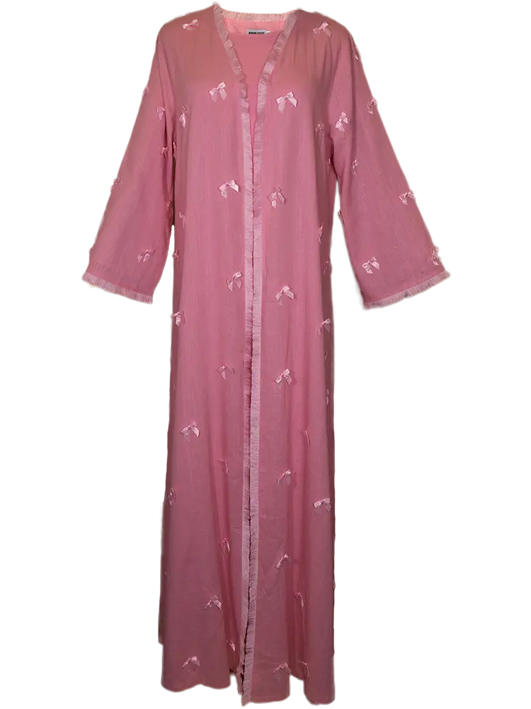 RAHA DUSE Women's Pink Bow Open Abaya Linen Cotton Modest Outerwear with Lining Loose Fit Breathable Fabric Easy to Style