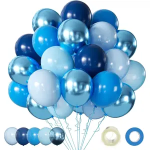 60 Pcs 12Inch Chrome Metallic Blue Latex Balloons Kit, Macaron Light Blue & Navy Pearl Blue Balloons, Party Decor Supplies for Birthday Wedding Celebration Events