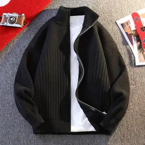 Men's Sweater Solid Color Versatile Loose Cardigan Sweater Knitted Cardigan Jacket Black Double Zipper Cardigan Sweater Men's Spring Autumn Oversize Half Turtleneck Jacket High-end American Style Knitted Sweater