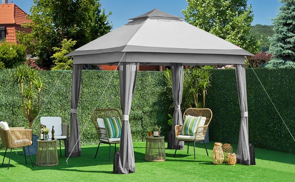 【On Sale】 Yaheetech Pop Up Gazebo Outdoor Canopy Shelter, Instant Patio Gazebo Sun Shade Canopy Tent with 4 Sandbags, Double Tiers & Mesh Netting for Lawn, Garden, Backyard & Deck