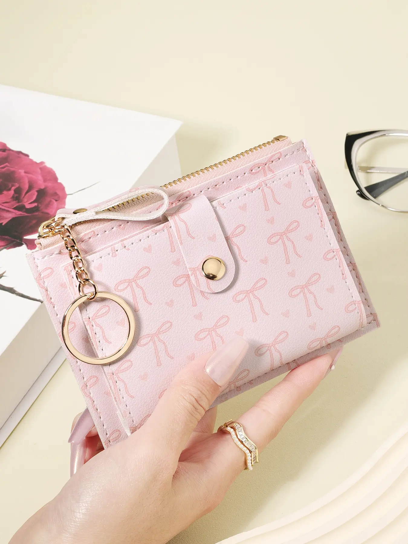 Women's Bow Short Wallet Handbag Zipper Purse, Coin Wallet Fashion Zipper, High Quality Credit Card Storage Bag, Easy Leisure Multi Deck, School Dormitory and Back to School Learning Supplies Bag, Zipper Wallet Design, Fashionable Wallet, Card Coin Pouch