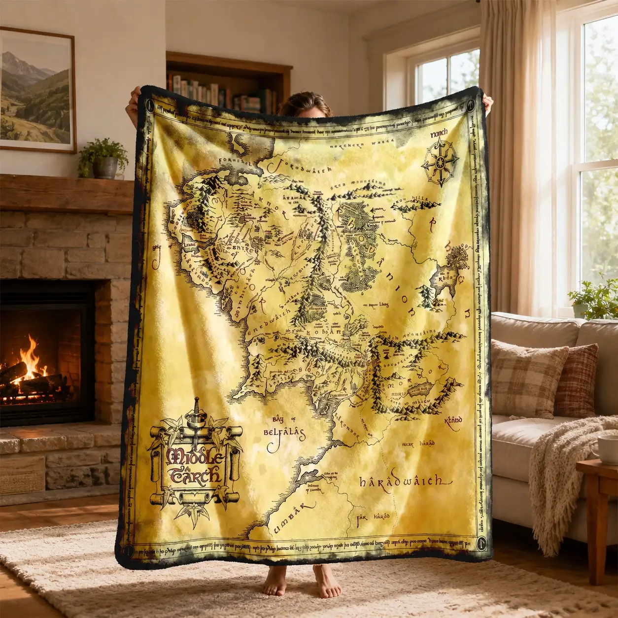 Lord of the Rings Graphic Blanket - Middle Earth Vintage Map Flannel Throw, Minimalist Living Room Decor, Large, Soft, Lightweight, Warm, Anti-Pill, Indoor-Outdoor, Ideal for Bed-Sofa, Perfect Gift