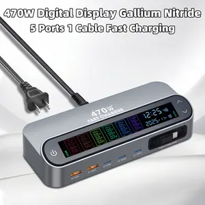 New Digital Display US Plug 470W Desktop Charging Station - 1.5m Power Cord, 65W Retractable Cable, Fast Charging for Phones/Watches/Laptops/Headphones, PD3.1 Support for MacBook Pro M4 MAX 140W