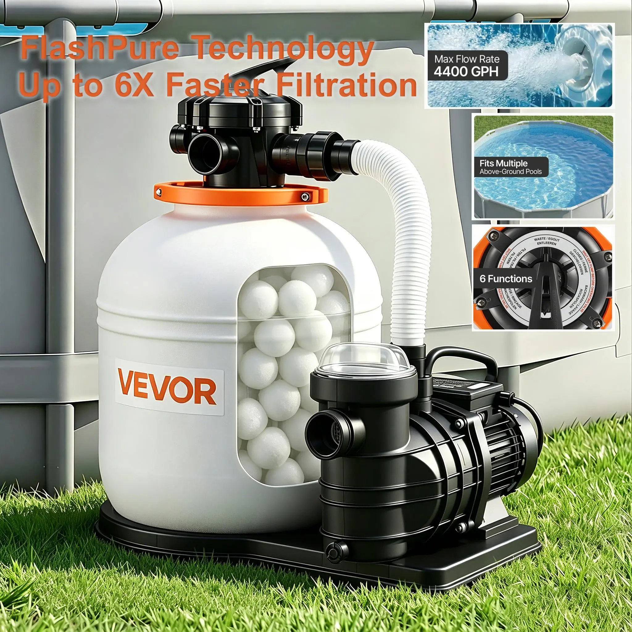 【DealsForYouDays】VEVOR FlashPure 16-in 1 HP 4400 GPH Sand Filter Pump for Above Ground Pools, Built-in 24-Hour Timer, 6X Faster Filtration, Leak-Resistant, Pre-Installed Media, Ready-to-Use Swimming Pool Accessories