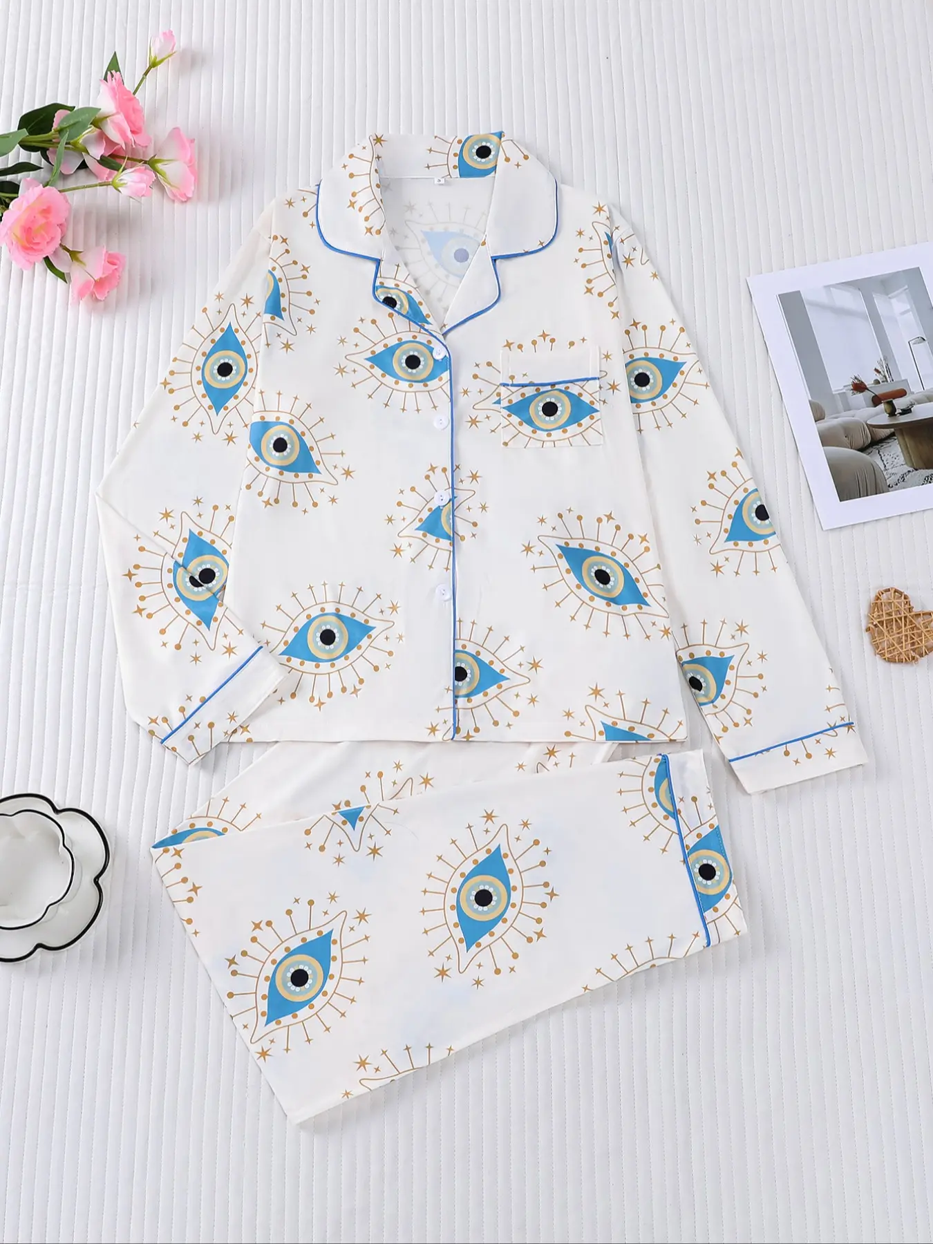 Women's Sleepwear 2 Piece Set, Eye Pattern Print, Holiday Party Pajamas, Pjs, Soft Knit Long Sleeve Shirt Collar Top & Elastic Pants, Casual Homewear, Loungewear, Womenswear, Fit