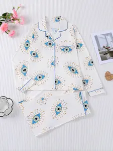 Women's Sleepwear Set, Eye Pattern Print, Holiday Party Pajamas, Soft Shirt Collar Top & Elastic Pants, Casual Home Wear