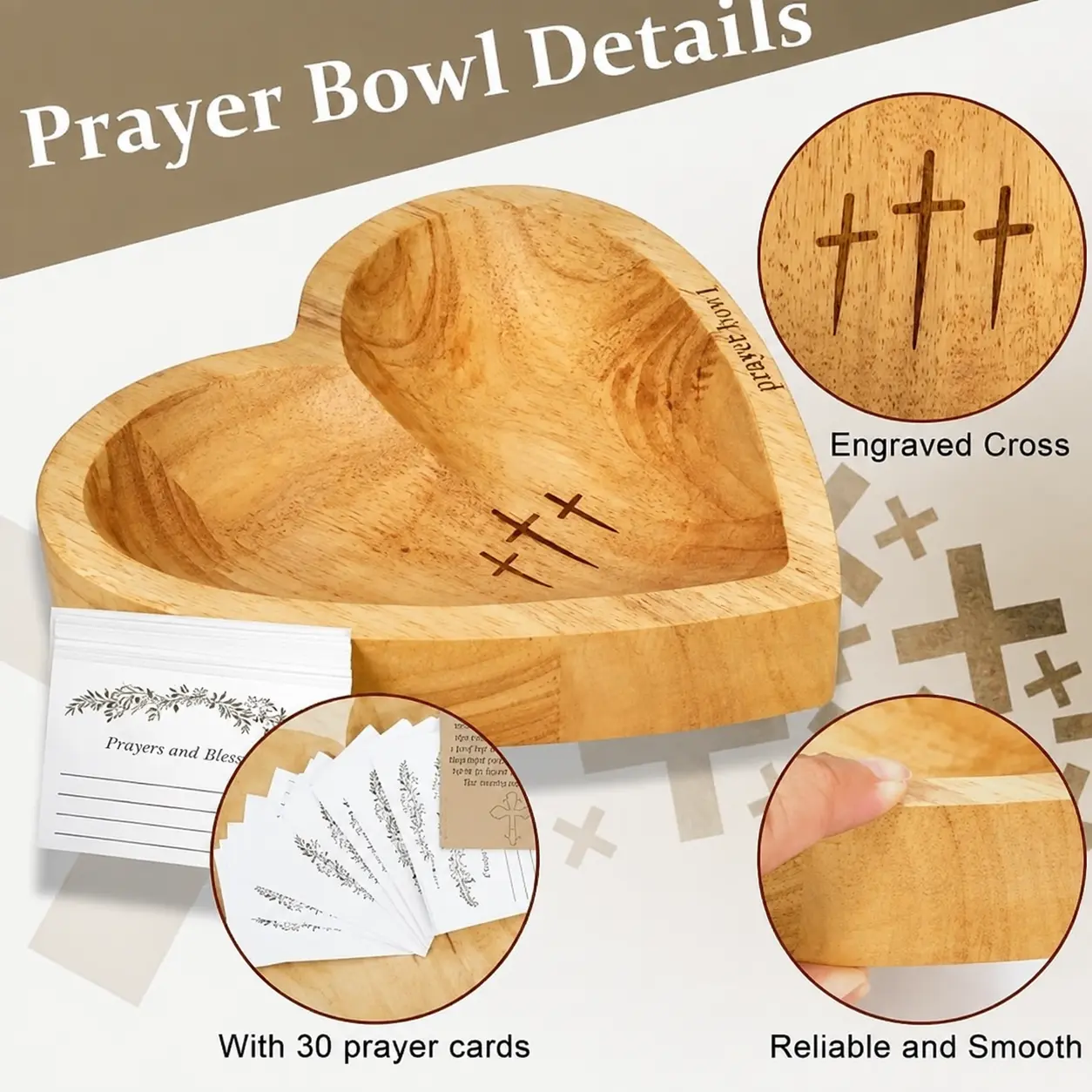 Wooden Heart Shaped Prayer Bowl with 30 Prayer Cards, Handcrafted Vintage Prayer Bowl with Cross & Letter Pattern, Religious Decorations for Home Living Room Bedroom Church, Christian Ornaments, Home Decor, Hand Engraved Easter Sunday Gifts Mother's Day