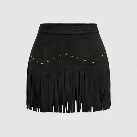 Women's Vintage Hippie Rivet Tassel Suede A-Line Skirt, Rivet Fringe Skirt, Autumn Fashion Set, Nashville Style Pirate Dress [summer] Street Fashion Skirt