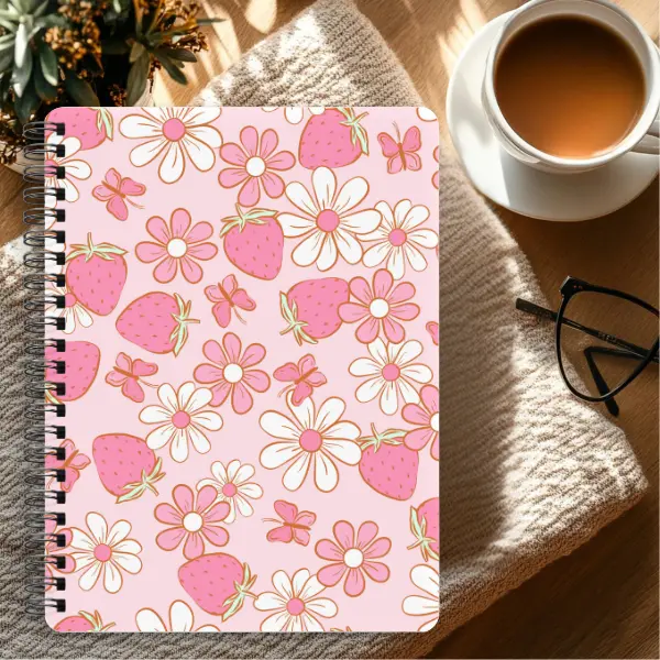 Retro Strawberry and Daisies Spiral Notebook Ruled Journal 6x8 118 Pages 90gsm Paper Metal Spiral Document Pocket Vintage Aesthetic