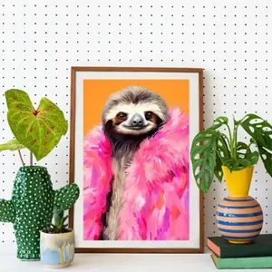 Sloth in Pink Fur Wall Art, Funky Quirky Animal Fashion Print for Playful Room Decor, Unframed