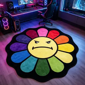 Angry Face Sunflower Rug, Unique Shape Carpet, Border Rainbow Petal Mat, Floral Shaped Rug, Soft Comfortable, Hand Wash Only, Home Decor for Living Room, Bedroom, Kitchen, Bathroom, Hallway, Floral Rugs