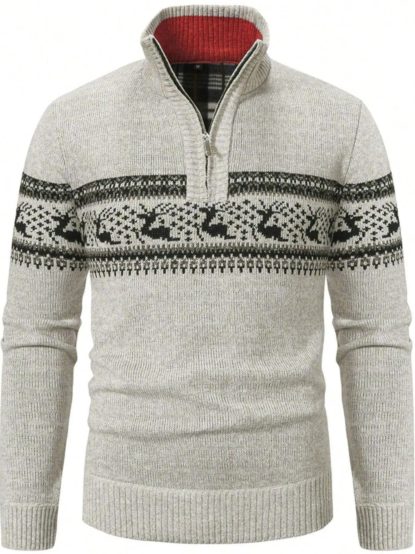 Men's Colorblock Striped & Elk Print Animal Knitted Sweater, Regular Fit Casual Long Sleeve Zipper Stand Collar Jumper for Fall & Winter, Fashion Men's Knitwear for Daily Wear, Colorblock Pullover