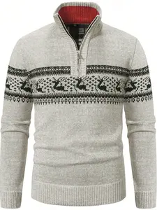 Men's Colorblock Striped & Elk Print Animal Knitted Sweater, Regular Fit Casual Long Sleeve Zipper Stand Collar Jumper for Fall & Winter, Fashion Men's Knitwear for Daily Wear