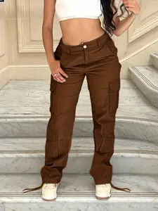 Fashion Women's Casual Multi-Pocket Denim Overalls, Button Closure, Perfect For Everyday Wear, A Must-Have Item In Cloakroom.