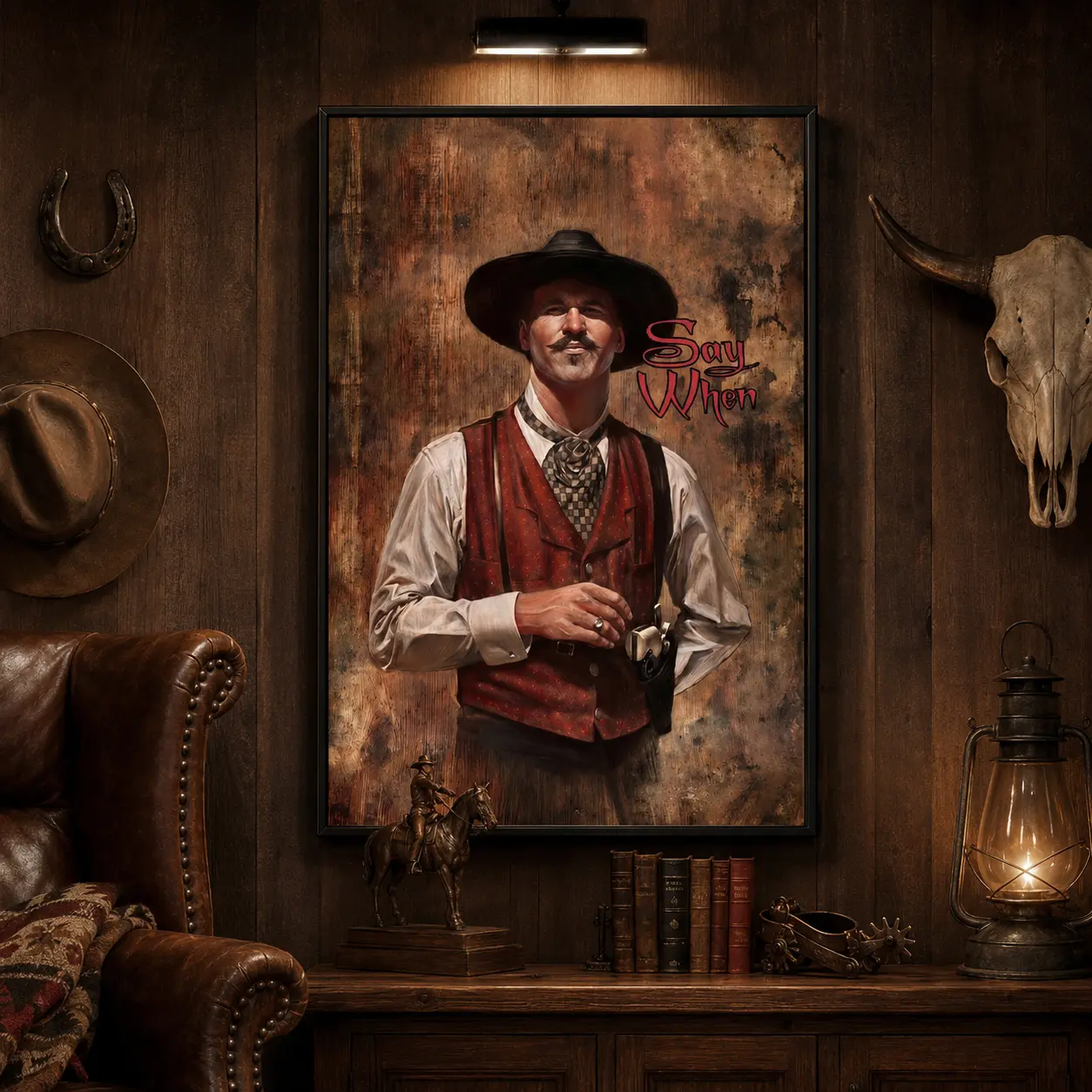 Classic "Say When" Doc Holliday Tombstone Framed Canvas Print, Vintage Rustic Western Cowboy Oil Painting Wall Poster, Retro Wild West Decor Gift for Western Movie Fans, Wall Art for Man Cave Bar Bedroom Office