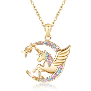 Jewlpire Unicorn Necklaces with 925 Sterling Silver Chain Multi-Design Gifts for Girls Women Colorful CZ Heart with Silver Gold Rose