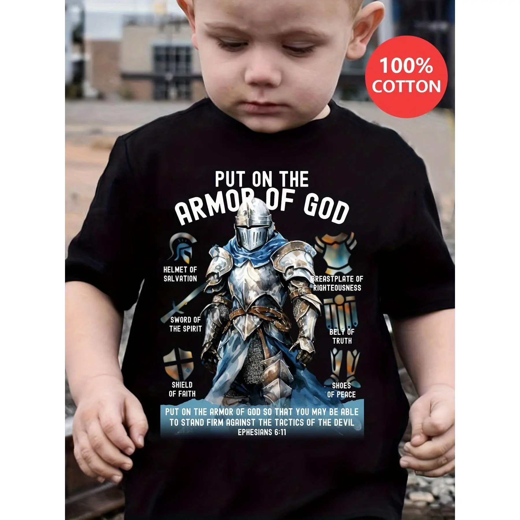 ' 100% Cotton T-Shirt with "PUT ON THE ARMOR OF GOD" Armor Print - Casual Short Sleeve Round Neck Summer Top, Machine Washable Regular Fit, Summer Clothing | Motivational Print Tee | Machine Washable Top, Tween Clothes