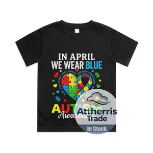 Love Support Heart Puzzle Kids Autism Awareness Cotton T-shirt, Graphic Print Round Neck Short Sleeve Casual Tee for Boys Girls