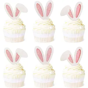 12 Pack Easter Bunny Ear Cupcake Toppers Glitter Rabbit Ears Cupcake Picks Easter Day Cupcake Toppers Rabbit Cake Toppers for Spring Birthday Party Supplies