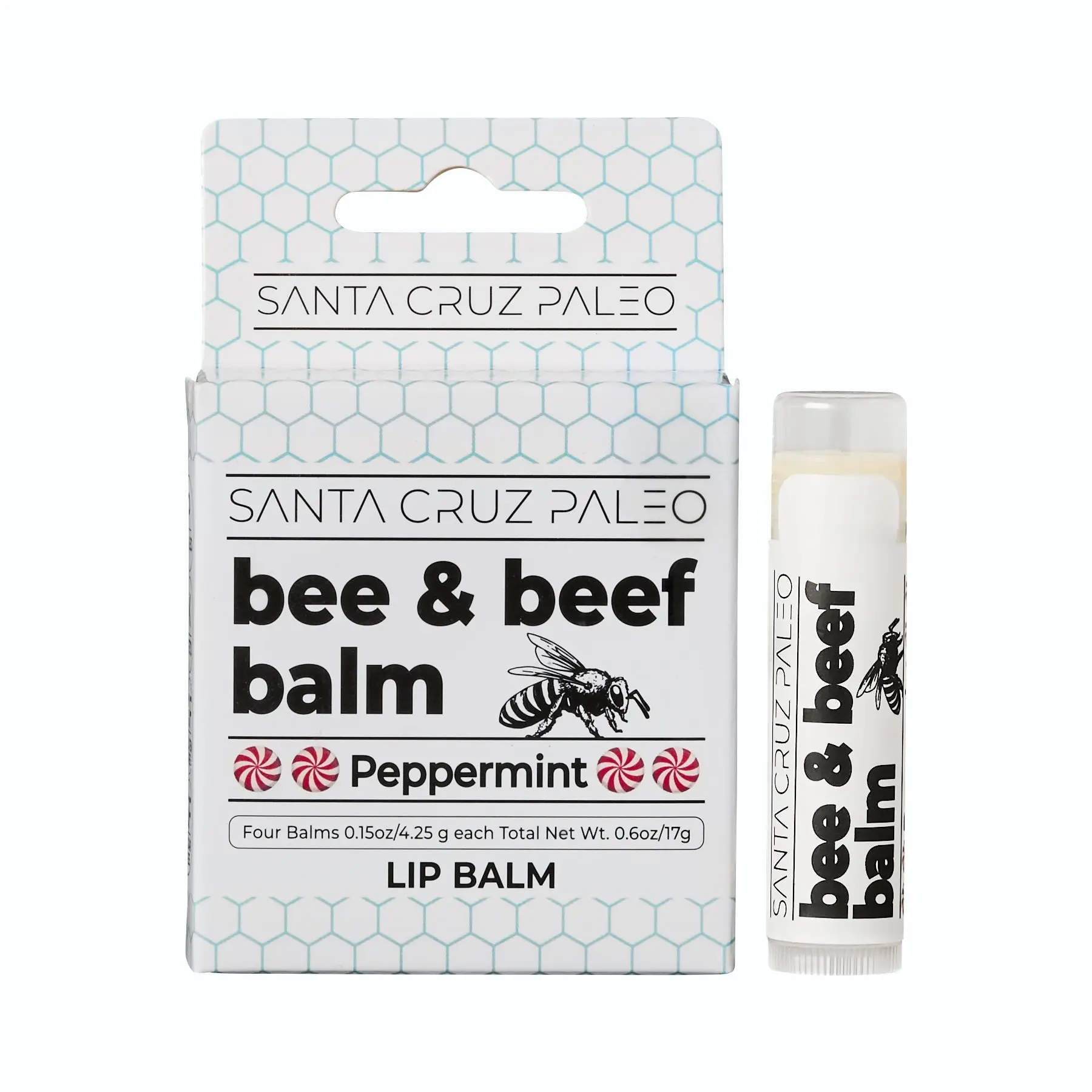Santa Cruz Paleo Grass Fed Beef Tallow & Beeswax Lip Balm (Peppermint) - 4 Pack - Beef Tallow Skin Care, Lip Moisturizer, Hypoallergenic for Sensitive Skin, Long Lasting & Vitamin Rich