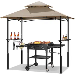 VIVOHOME 8×5 FT Grill Gazebo Outdoor BBQ Patio Canopy Tent with Double Tiered Vented Top & 2 Side Shelves for Backyard, Garden, Patio, Deck, and Camping Party