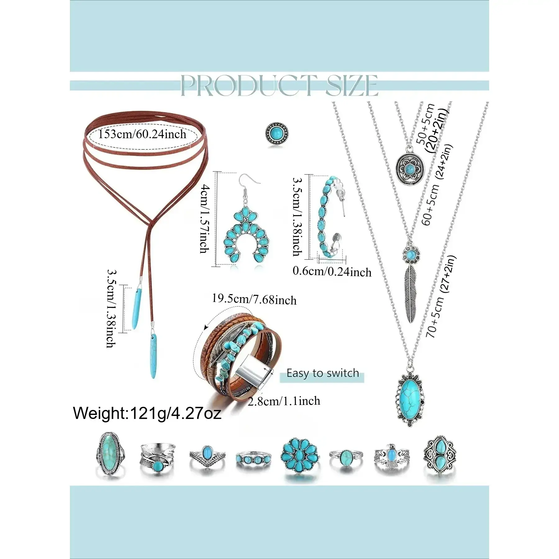 Women's Western Jewelry Set, Bohemian Turquoise Pendant Necklace, Synthetic Leather Cuff Bracelet and Earrings Women's Western Jewelry Set, Bohemian Turquoise Pendant Necklace, Synthetic Leather Cuff Bracelet and Earrings