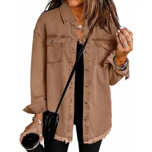 Women’s Oversized Denim Shacket – Long Sleeve, Button-Up, Frayed Hem & Functional Pockets