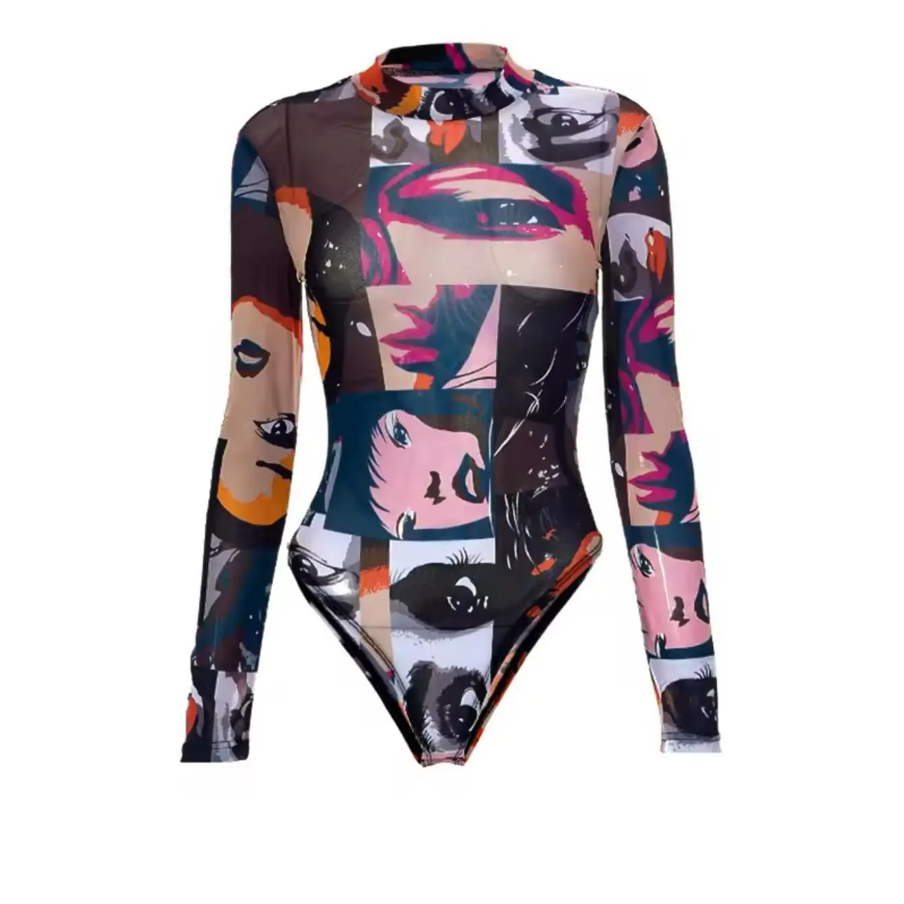 Always On Time Women's Graphic Mesh Bodysuit, Comfortable Long Sleeve Spandex, Chic Tops, Lightweight Polyester for Spring, Summer, Fall, All Seasons