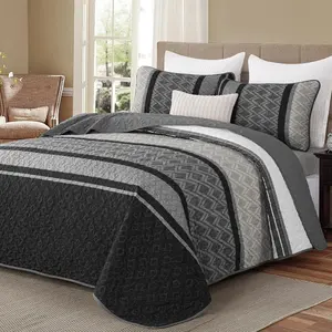 Queen Set Dark Grey,Striped Bedspread Queen Size, Fall Bedding Sets 3 Pieces Micofiber Lightweight Mens with 2 Pillow Shams Black Gray Coverlet Bed Sets for 96''x90''