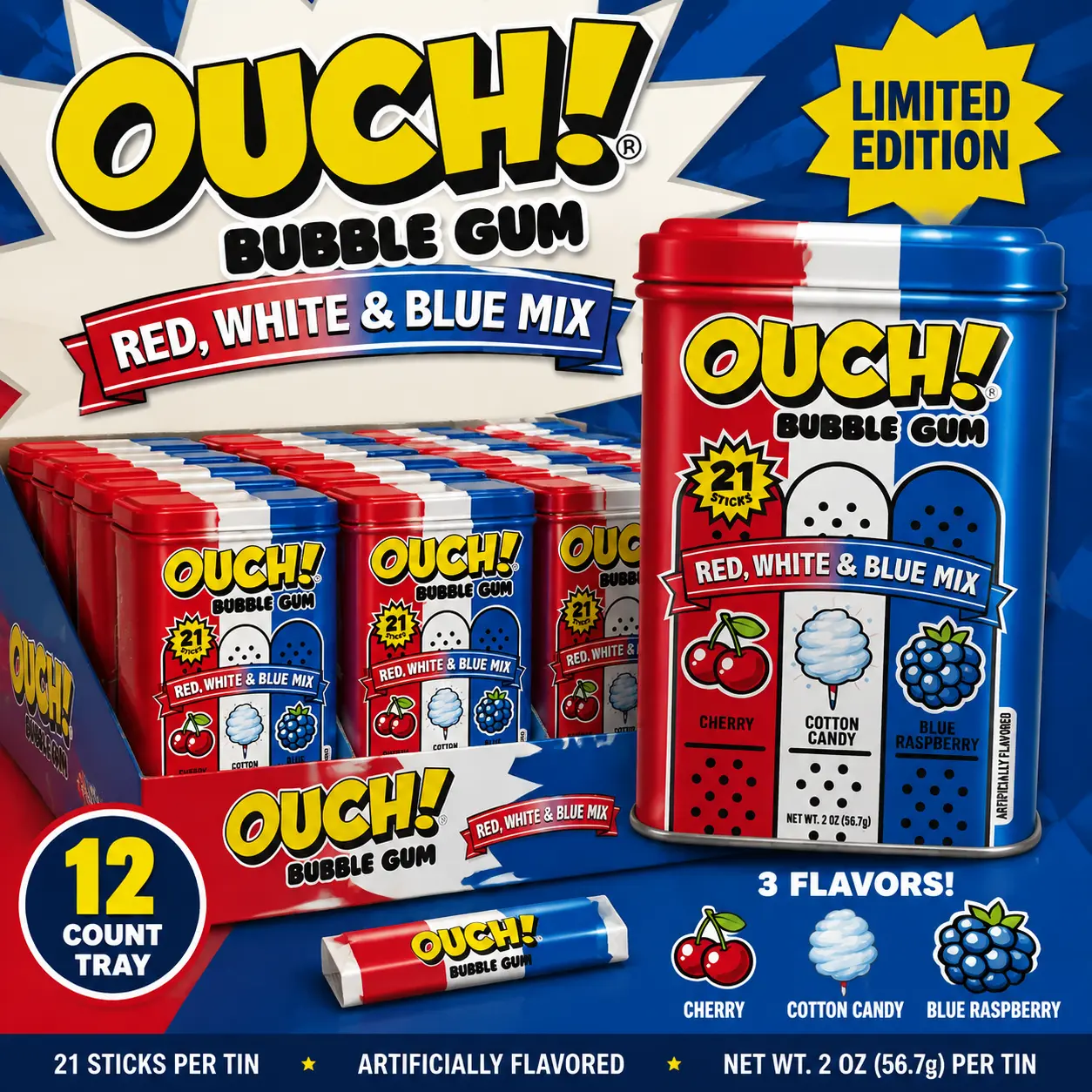 Thayer Ouch Bubble Gum Red White Blue Limited Edition 12 Count  Patriotic Chewing Gum | Fun Party Treats & Collectible Candy