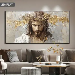 2D Flat, 2D Flat, 1pc Large framed Modern Abstract Religious Wall Art - framed Framed Canvas Painting with Thorn Crown, Golden Decoration, Perfect for Living Room And Bedroom, Can Be Used for Birthday Gifts, Halloween, Chri, Father's Day, Independence Day
