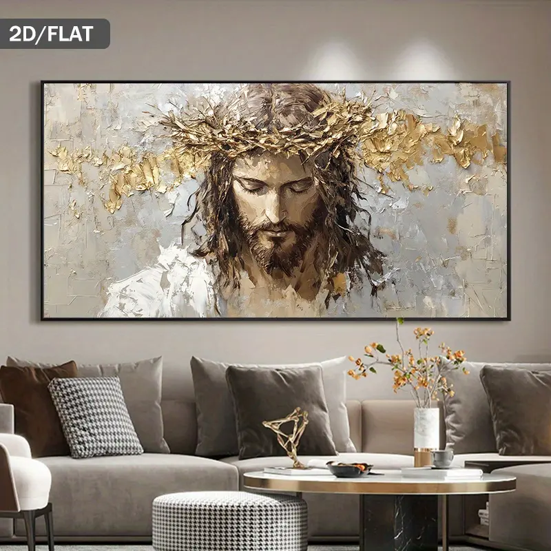 2D Flat, 2D Flat, 1pc Large framed Modern Abstract Religious Wall Art - framed Framed Canvas Painting with Thorn Crown, Golden Decoration, Perfect for Living Room And Bedroom, Can Be Used for Birthday Gifts, Halloween, Chri, Father's Day, Independence Day