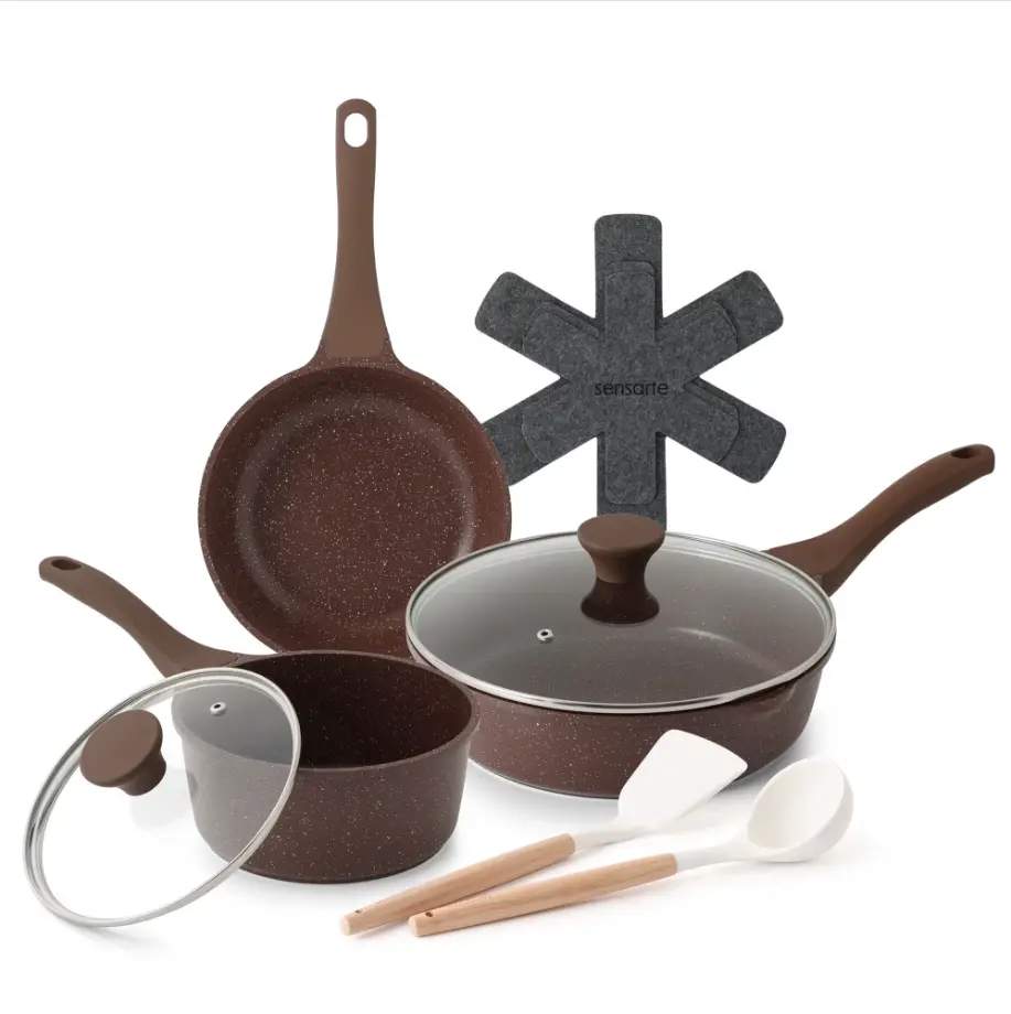 Housewarming Gift SENSARTE Granite Pots and Pans Set 10-Piece, Nonstick Cookware Set with Stay-Cool Handles, Induction Compatible, Dishwasher & Oven Safe, Stackable, Toffee Brown