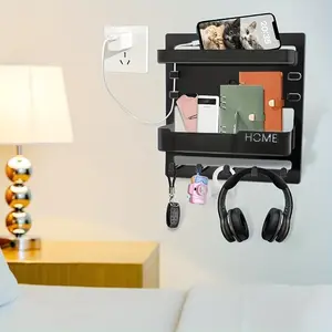 Wall-Mounted Bedside Storage Rack with 5 Hooks, Multifunctional Bedside Organizer, Dorm Wall Storage Shelf, Fits Bedroom, RV, Dorm Decor