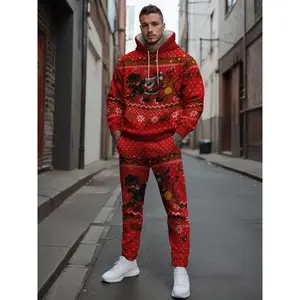 Trendy Christmas Elf Reindeer Print Hoodie Set, Long Sleeve Fitted Casual Sportswear, Perfect for Running & Outdoor Activities