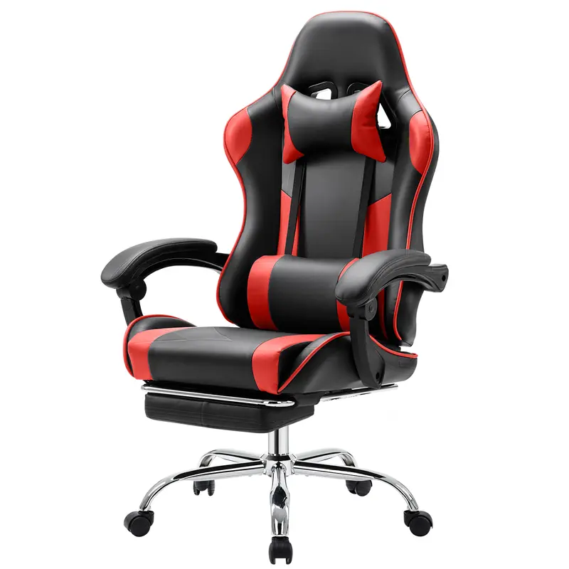 Sweetcrispy Ergonomic Adjustable Reclining Video Gaming Chair - PU Leather, Iron-Metal Frame, Waterproof Surface, Footrest, Headrest, Fixed-Up Armrest, Height Adjustable, 360° Swivel, 90-150° Range, Office Chair