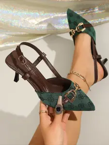 Luxury Horsebit Pointed Toe Slingback Sandals, Stiletto Ankle Strap Commute High Heels, Elegant Versatile Shoes