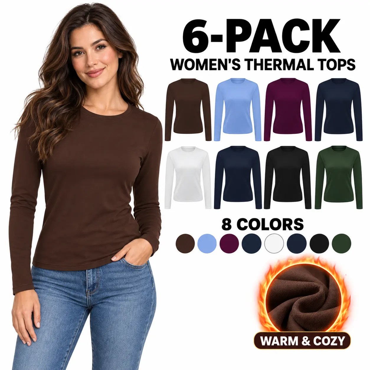 DM HAIS Women’s 6-Pack Thermal Long Sleeve Tops - Warm Stretch Crew Neck Base Layer Fitted Undershirts, Fall Winter Essentials, for Casual Wear, Holiday & Christmas Gifts (Long Sleeve Tops Women),sohochic