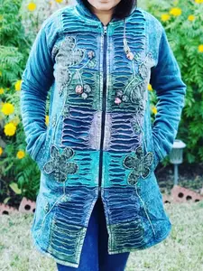 Namaste Handmade Women's Solid Green and Blue Cutting Themed Flower Stonewashed Fleece lined and non-fleece lined Long Hippie Cotton Jacket.